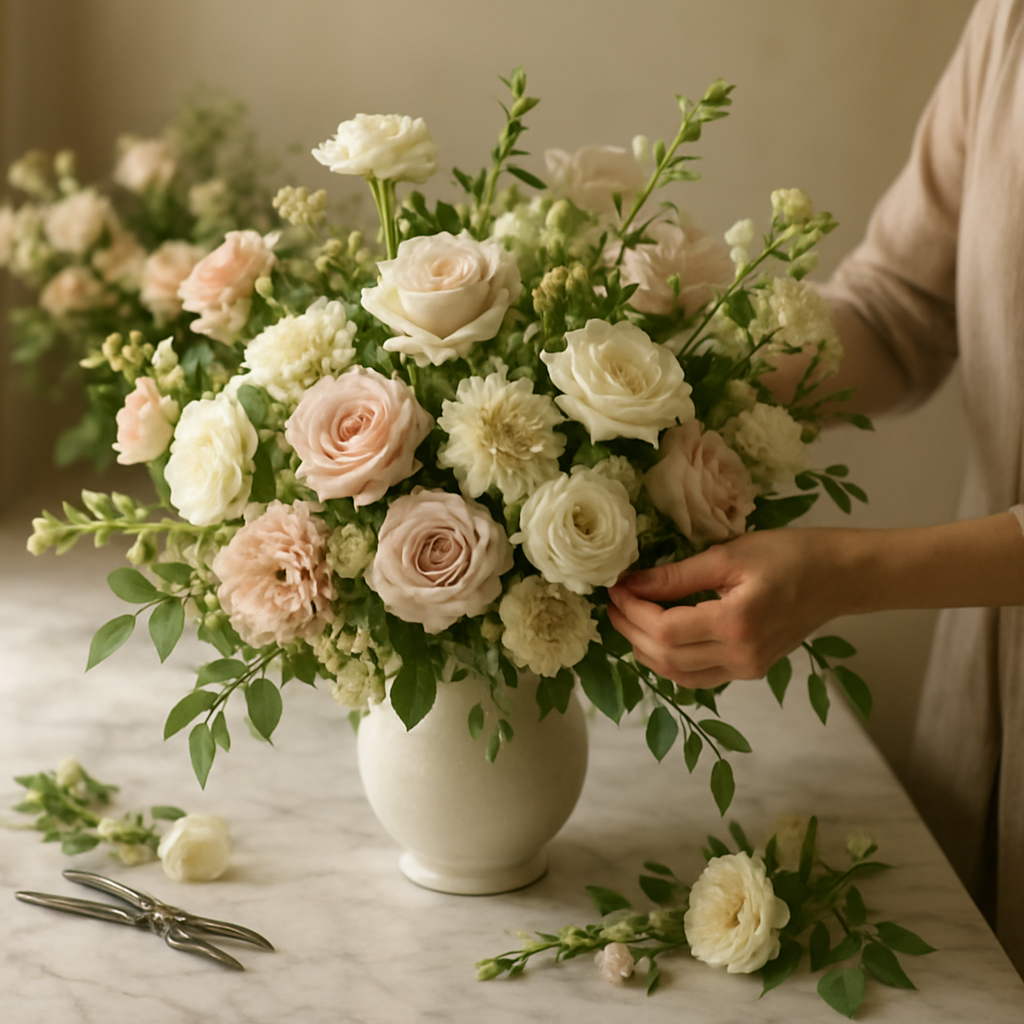 A florist arranging a luxurious seasonal bouquet
